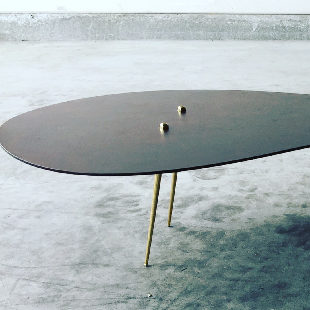 "In Time", patinated steel table top with brass and bronze, created by Kevin Oyen, designer and artisan metalworker
